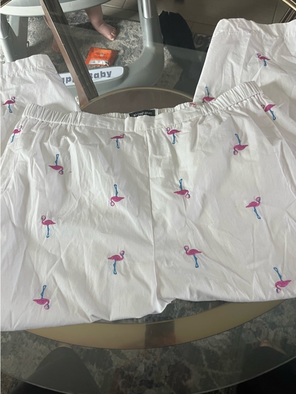 Cathy Daniels White Pajama Capris with Pink & Blue Flamingo Embroidery